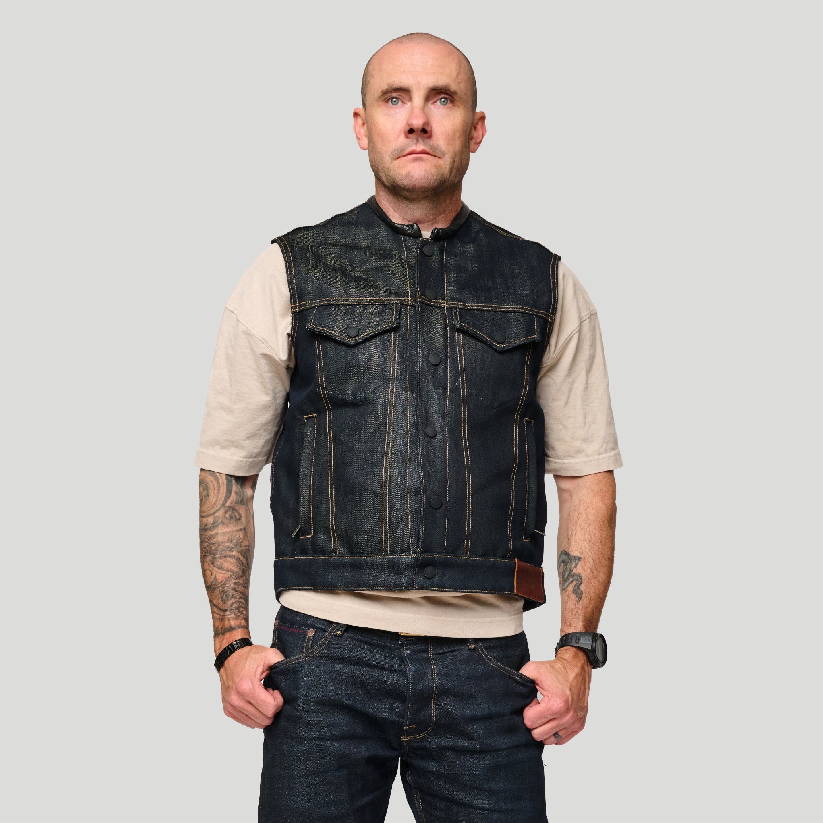 【良品】THE HIGHEST END / Selvedge Vest Dark Horse Protective Riding Vest - Indigo. Exclusive 16.5oz