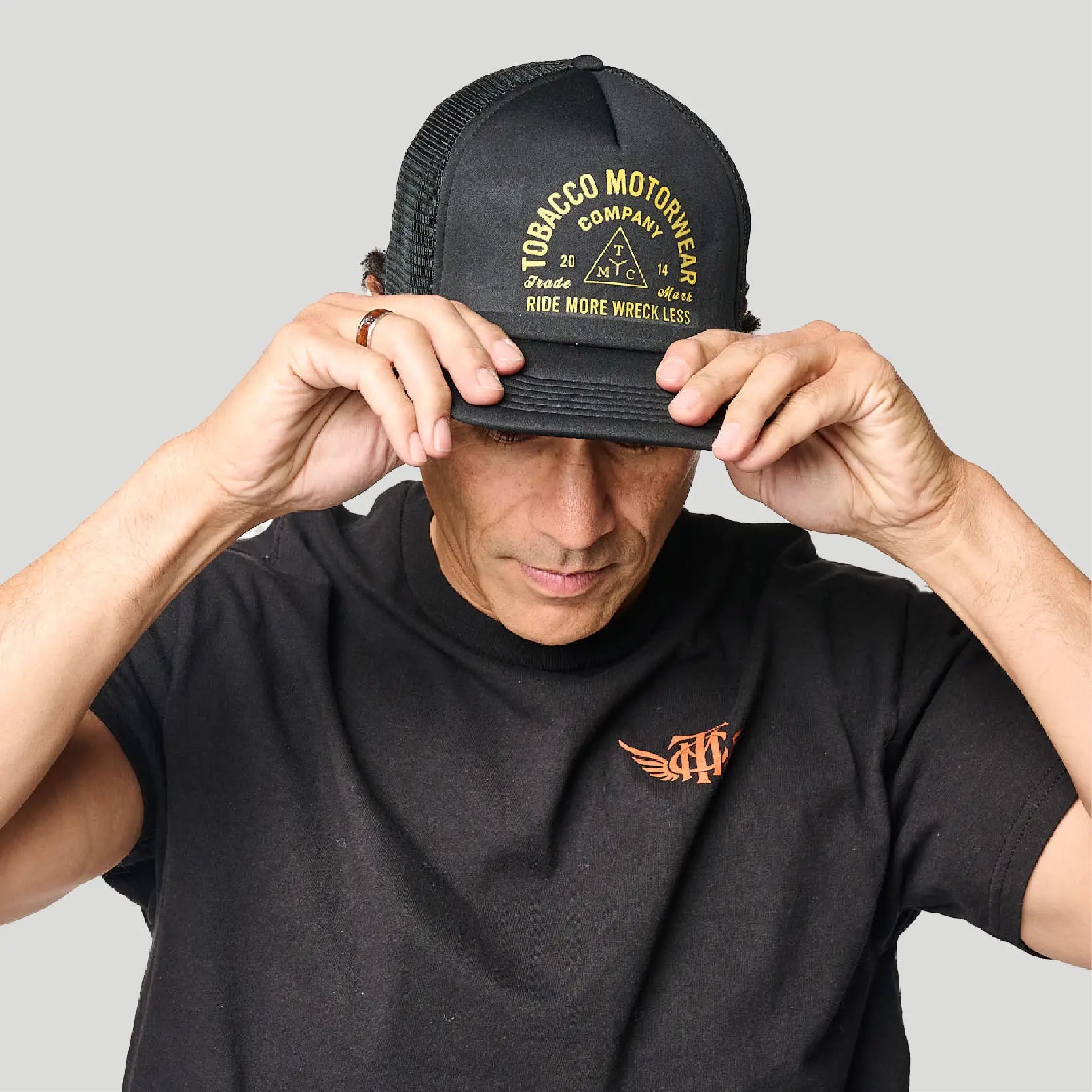 Tobacco Trademark Trucker Hat - Black – Tobacco Motorwear, image size:1667x1667