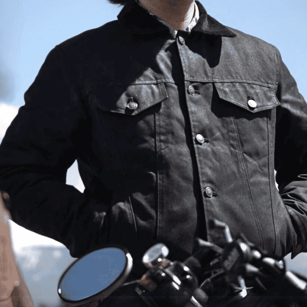 Tobacco Trucker Waxed Canvas Motorcycle Jacket - Asphalt Black