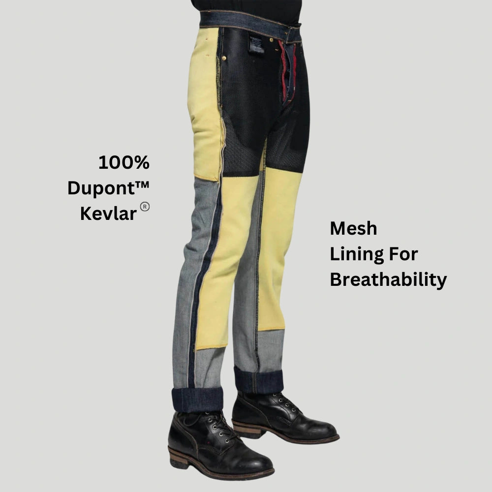 Ironsides Black Armored Denim Motorcycle Jeans. Features Protective DuPont Kevlar Lining Pockets for removable D3O Knee and Hip Armor. Made proudly in the USA Tobacco Motorwear