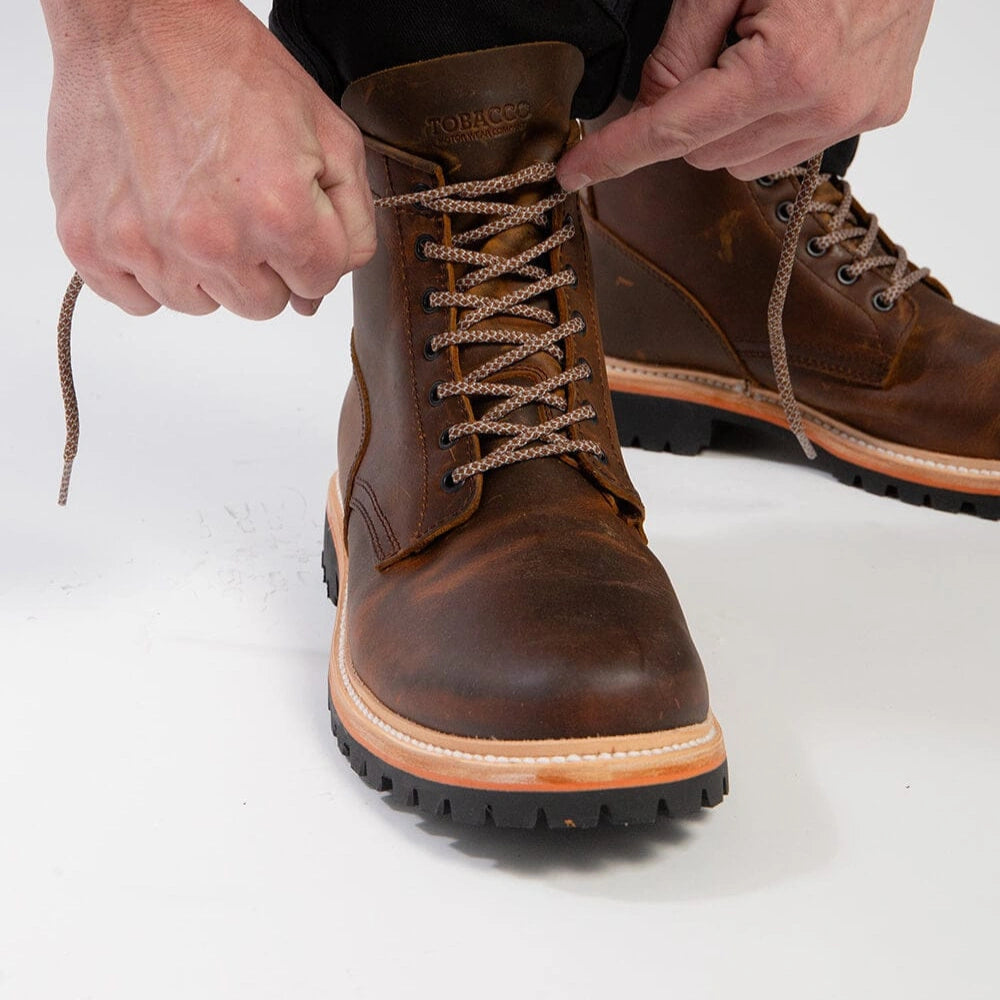 Tobacco Maverick Moto Boots Amber. Hardened Toe and Heel. Vibram Soles. Goodyear Welt Resoleable for Years. Ankle Protectors. Tobacco Motorwear