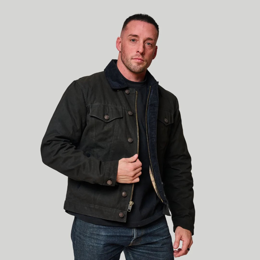 Tobacco Trucker Waxed Canvas Motorcycle Jacket - Asphalt Black