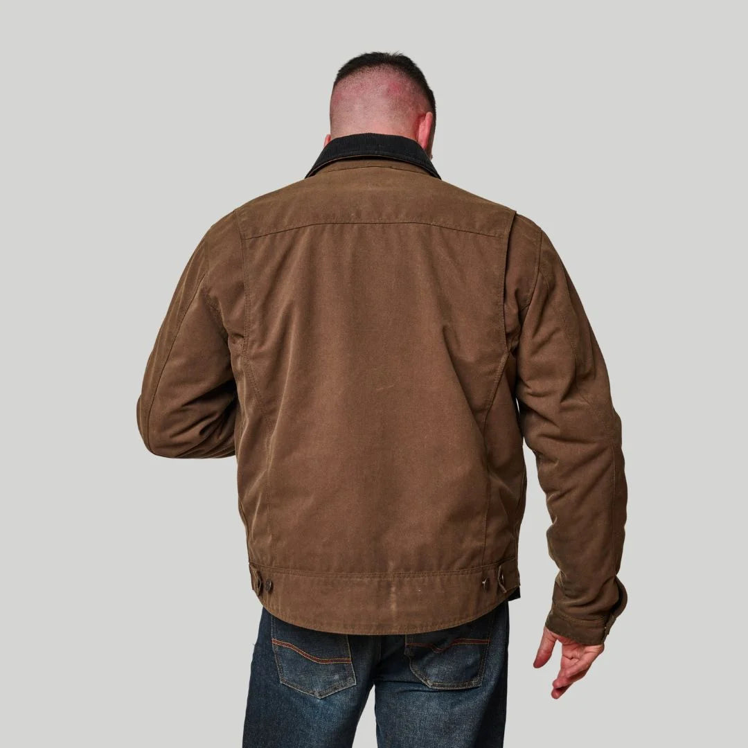 trucker work jacket tobacco field Flint and Tinder Flannel-Lined Waxed Made in China. Suede Trucker Jacket