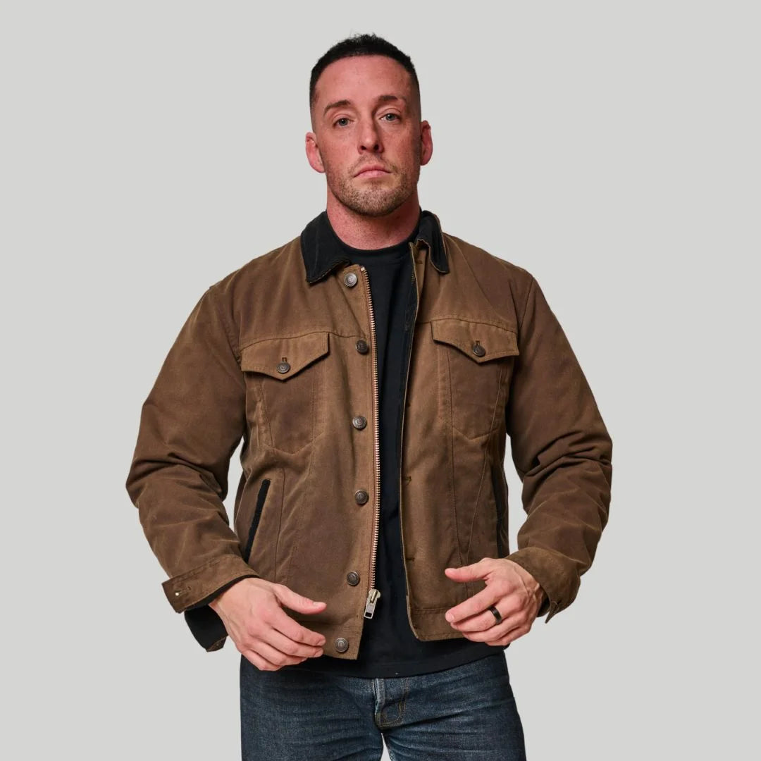 Tobacco Trucker Waxed Canvas Motorcycle Jacket - Coffee Brown