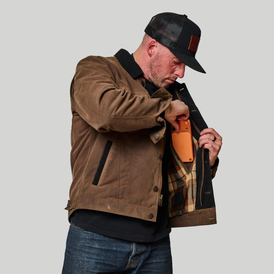 Tobacco Trucker Waxed Canvas Motorcycle Jacket - Coffee Brown