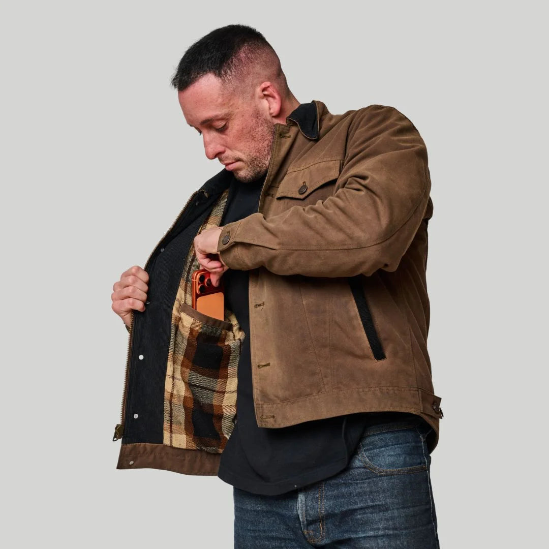 Tobacco Trucker Waxed Canvas Motorcycle Jacket - Coffee Brown
