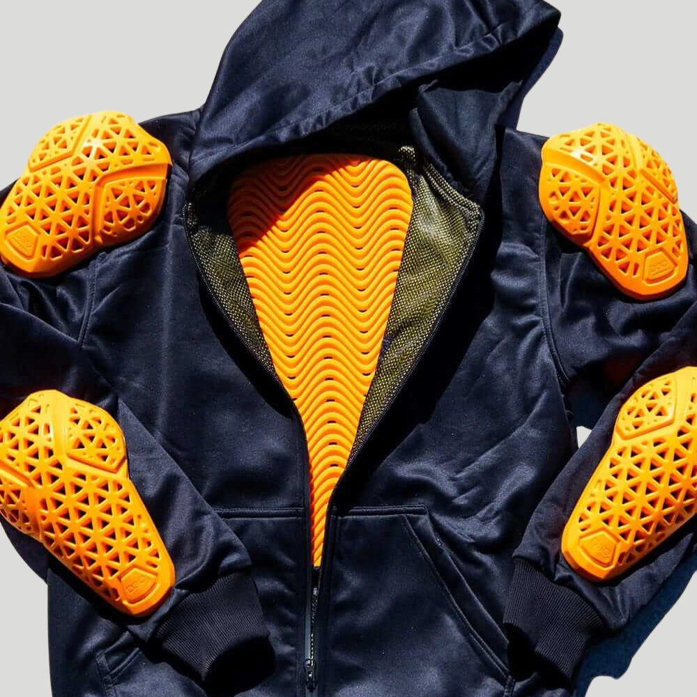 Wayward Armored Hoodie. Fully Lined with DuPont Kevlar Pockets for Removable D3O Impact Armor in 5 Impact Zones the Elbows Shoulders and Back. Tobacco Motorwear