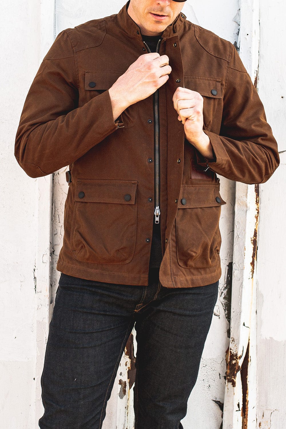 The McCoy Waxed Canvas Protective Elbow Motorwear D3O® and - - Pockets Shoulder Brown. Armor Jacket Back, for Tobacco